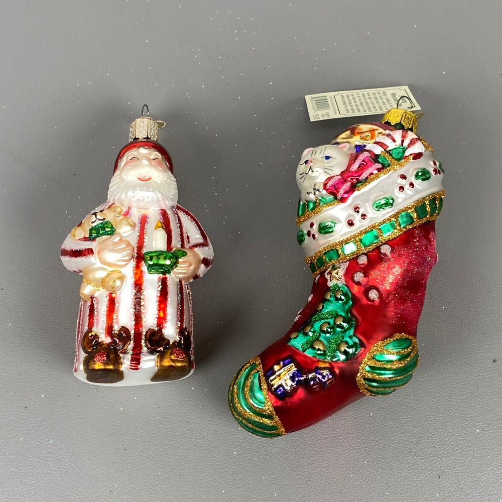 2 Old World Christmas Glass Holiday Ornaments Santa in Pajamas & Stocking Cat